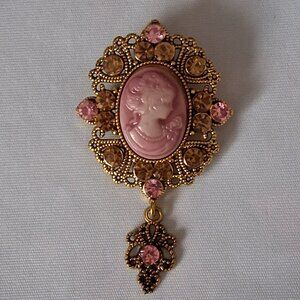 CAMEO BROOCH PIN Pink Gold Rhinestone NEW